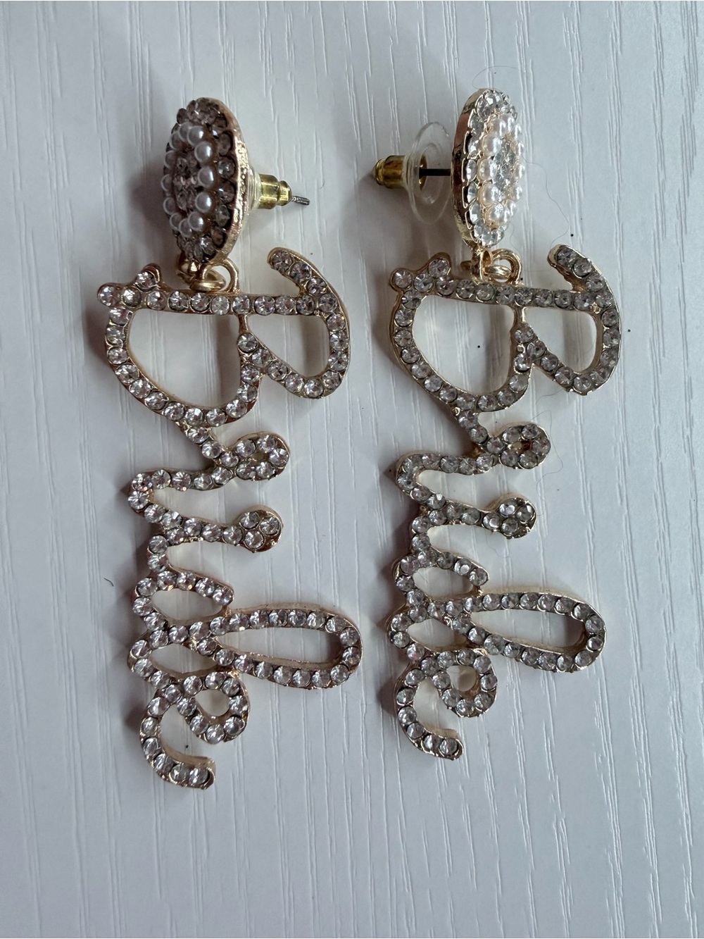 Crystal Script Drop Earrings - Gold and Clear Rhinestones